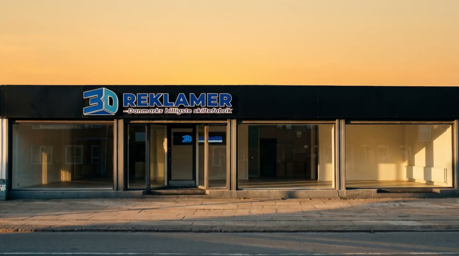 3D Reklamers egen butiksfacade med skiltning i dagslys